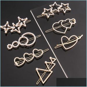 Clipes de cabelo Barrettes Gold Pearl Hair Clips Star Heart Triangle Circle Hairpin Barrettes para Mulheres Meninas Jóias da moda Deld Deliv Dhkn5