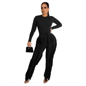 Tracksuits Designer Womens Tassel Tracksuits 2023 Fall Clothes Lads Long Sleeve Bodysuit Jumpsuit Top and Drawstring Trousers Matching Outf