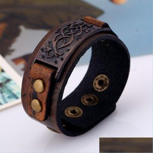 Bangle Retro Floral Branch Bar Id Leather Bangle Cuff Button Adjustable Bracelet Wristand For Men Women Fashion Jewelry Drop Deliver Dhpws