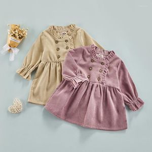 Abiti da Ragazza Neonata Autunno Abito Velluto a Coste Tinta Unita Collo arricciato Manica Lunga Casual per Bambini 0-24 Mesi Beige/Viola