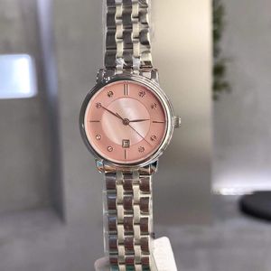 New Lady Stainless Steel Quartz Wristwatch Pink Mother of pearl Zircon Watch Shell Dial Sapphire Crystal Glass Watches Geometric Number Calendar Clock 30mm