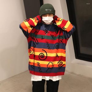 Men's Sweaters 2022 Color Block Striped Graffiti Pullover Sweater Oversize Men Round Neck Hip Hop Knit Streetwear Baggy