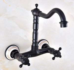 Rubinetti per lavabo da bagno Rubinetto per cucina in bronzo lucidato a olio nero Rubinetto per miscelatore con beccuccio girevole Fissato al muro Due maniglie Mnf872