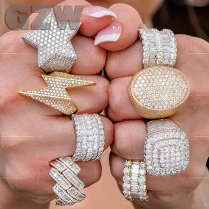 Hip hop kübik zirkonia pentagram parmak yüzüğü bantlı buzlu altın bling baget elmas yüzük kadın erkekler için erkek arkadaşı weddiing aest235u