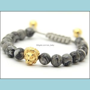 Pulseiras masculinas de design de miçangas de 8 mm de 8 mm de picture jasper stone stone ouro e jóias de entrega de gota de cabeça de cabeça de leão de leão dhdg4