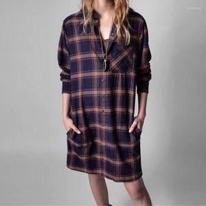 Casual Dresses Spring Women Shirt Dress Plaid Stand Collar Long Sleeve Single Breasted Straight Lady Robe With Pocket