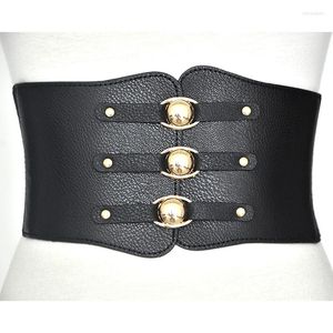 Bälten 2022 Fashion Black Three Buckle Wide Waistband Belt Ladies Faux Leather Cummerbund Dress Bow With Gold Metal BG-281