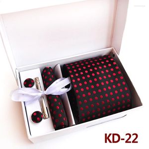 Bow Ties 24 Designs Classic Men's Red Dot Jacquard Woven Silk Slipsarduk Manschettknappar för Business Wedding Party med presentförpackning