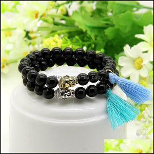 Charm Bracelets Design Wholesale 10Pcs/Lot 8Mm Natural Black Onyx Stone Beads Blue And Sky Tassel Buddha Head Couple Bracelet Drop D Dhozq