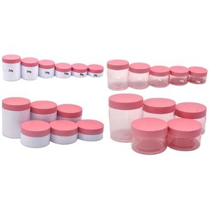 Leere Verpackung, Plastikflasche, Kosmetik, durchsichtiges rosa und weißes Glas, rosa Deckel, 50 g, 80 g, 100 g, 120 g, 150 g, 200 g, 250 g, tragbarer nachfüllbarer Verpackungsbehälter