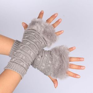 Knäskydd vinter faux hår handskar kvinnor varm fingerfri fast färg mitten av armhylsan elastisk ull stickad