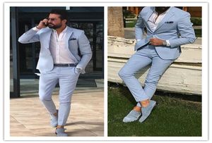 Light Sky Blue Slim Fit Mens Suits Notched Lapel Groomsmen Beach Wedding Tuxedos For Men Blazers Two Pieces Formal Suft JackaPA4602473