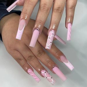 Balletto Unghie Finte French Long Coffin Press On Nails Staccabile Finito Nail Art Con Strass Glitter Disegni Manicure Unas Postizas De Ballet Frances