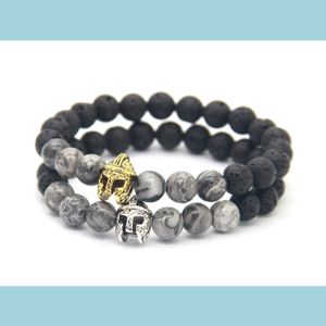 Charm Armbänder Neues Design 8 mm Lavastein Grau geädertes Bild Jaspis mit römischem Krieger Helm Armband Spartanischer Schmuck für Herren G Dhqyo