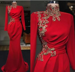 Dubai Saudi Arabia Muslim Red Satin Evening Dresses With Long Sleeves High Collar Elegant Prom Party Gowns Mermaid Gold Lace Appliuqed Second Reception Dress CL1462