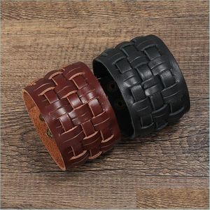 Bangle Motorcykel Wide Weave Cross Leather Bangle Cuff Mtilayer Wrap -knapp Justerbar armband Wristand f￶r m￤n Kvinnor Fashion Jewel Dhyxi