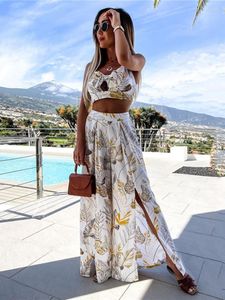 Kvinnors tv￥bitar byxor Kvinnor 2022 Summer Floral Print Boho Bow Tie Crop Top High midja bred bendr￤kt Set Beach Outfits