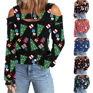 Loose T Shirts Fashion Christmas Print Off-the-shoulder Long Sleeve T-shirt for Woman