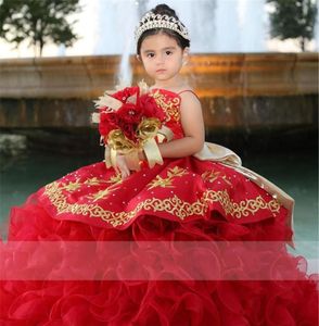 2021 Red Princess Girls Girls Pageant Dresses Bordado de ouro Bordas de renda de bola grande vestido de bola de bola de trem Organza babados em camadas Birt7690512