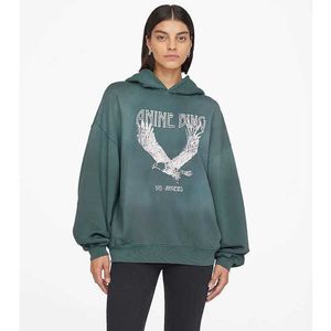 Anine Bing Women Designer Washed Hoodie Green Spray Fried Eagle Print Fleece Worn Hooded Sweater Pullover Sweatshirts