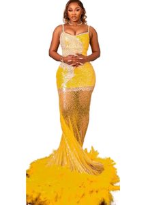 Aso Ebi 2022 Arapça Sarı Denizkızı Prom Elbiseler Boncuklu Kristaller Tüy Akşam Resmi Parti İkinci Resepsiyon Doğum Günü Nişan Elbisesi DH05