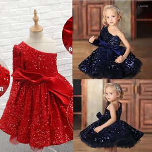 Girl Dresses Kids Glitter Party Puffy Royal Blue Princess Gowns One Shoulder Flower Baby Prom Wear