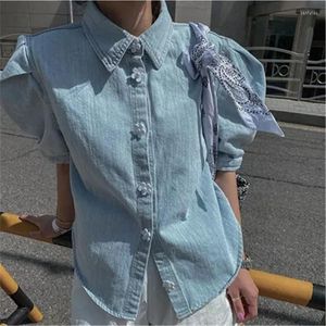 Women's Blouses Exquisite Girly Chic Flower Cute Button Denim Shirt Top