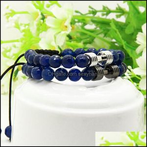 Charm Bracelets Sport Energy Dumbell Bracelets Wholesale 8Mm Faceted Blue Agate Stone Beads Barbell Fitness Rame For Men Drop Delive Dhz1E