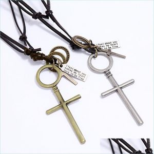 Pendant Necklaces Retro Jesus Cross Pendant Necklace Adjustable Leather Chain Necklaces For Women Men Punk Fashion Jewelry Gift Drop Dhmws