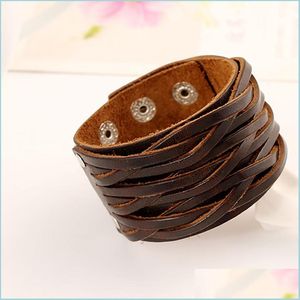 Bangle Wide Weae Braid Leather Bangle Cuff Mtilayer Wrap Button Adjustable Bracelet Wristand For Men Women Fashion Jewelry Black Dro Dhot6