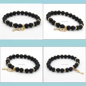 Beaded Wholesale 8Mm Real Matte Onyx Stone Beads With Key Pendant Gold Bracelets Arrival Jewelry For Party Gift Drop Delivery Dhfwi