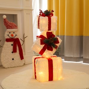 Christmas Decorations 3pcs Set Hollowed Out Decoration Led Gift Box With Bow Lights Iron Art Home Outdoor Mall Party Supplie 221114