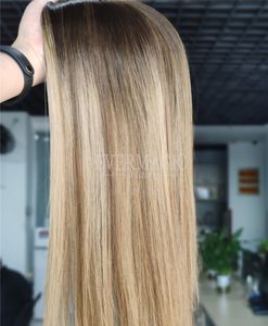 Balayage Light Brown Skin Top Human Hair Toppers klipp i bitar för hårda kvinnor