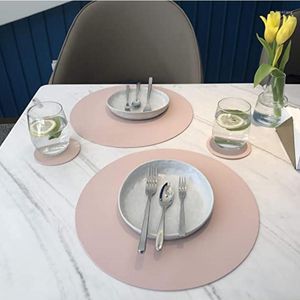 Table Mats Inyahome Pink PU Home Placemats And Coasters Set Washable Round Mat Waterproof Coffee Heat-Resistant Place