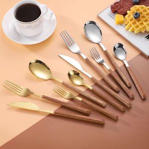 Stainless Steel Imitation Wood Handle Cutlery Knife Fork Tea Spoons Silverware Kitchen Accessory for Christmas Party
