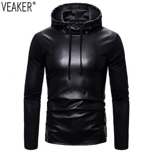 Mens Hoodies Sweatshirts PU Male Slim Fit Faux Leather Coat Black Tops Hooded Pullovers S2XL 221117