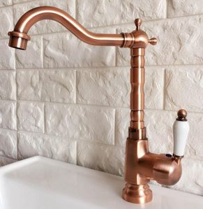 Rubinetti da cucina Rame rosso antico Ottone Lavabo da bagno Rubinetto Miscelatore Miscelatore Beccuccio girevole Maniglia singola Monoforo Montaggio su piattaforma Mnf402