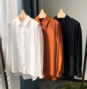 女性用ブラウスリミテッドセール-Elfbop Silk Caramel/White/Black Dots Long Sleeve Blouseシャツ