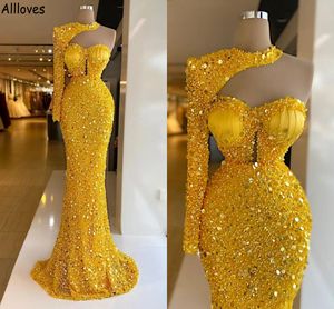 Luxury Bright Yellow Sequines Beaded Mermaid Prom Dresses Halter One Shoulder Long Sleeve Evening Party Gowns Aso Ebi Special Occasion Engagement Dress CL1461