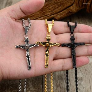 Chains Stainless Steel Gold Color INRI Jesus Piece Cross Pendant &Necklace Rope Chain Necklaces For Men Gift Vintage Christian Jewelry