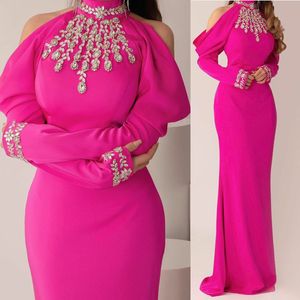 Crystals Beaded Fuchsia Prom Dresses High Neck Drop Sleeves Long Sheath Satin Formal Evening Gowns Floor Length Special occasion gown