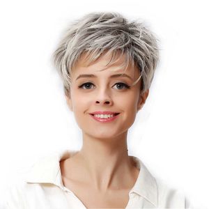 Kadın peruklar moda kahverengi gri beyaz karışık renk kısa yüksek sıcaklık ipek ffy kıvırcık saç