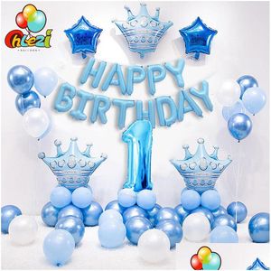 Andra evenemangsfestleveranser 1 Set Blue Pink Crown Birthday Balloons Helium Number Foil Balloon för Baby Boy Girl 1st Party Decorati Dhtno