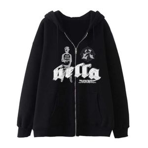 Kvinnans jackor 2022 Street Hip Hop Gothic Y2K Black Zip Hoodie Men and Women Rock Sweater Hoodie Jacket T221105