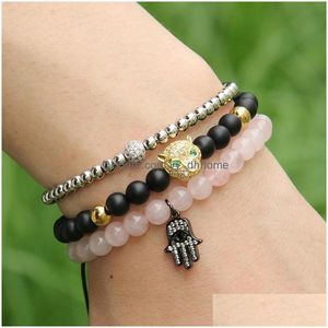 Charm Bracelets Wholesale Womens Jewelry 10Pcs/Lot 6Mm Natural Pink Crystal Stone With Micro Inlay Zircons Fatima Hand Hamsa Pendant Dhdju