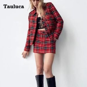 Womens Two Piece Pants Autumn Winter Knitted Woman 2 Set Red Plaid Shirt Short Coat Shorts Skirts Fashion Outfits For Women Matching Sets 221117