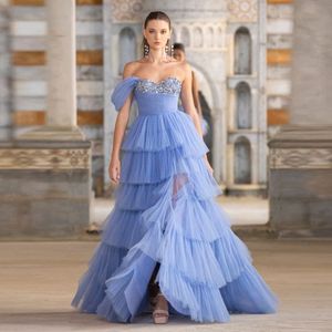 Modern Tiered Blue Evening Dresses One Shoulder Side Split Vestido Gala Novia Crystal Beaded A-Line Celebrity Gown For Special Ocn 326 326
