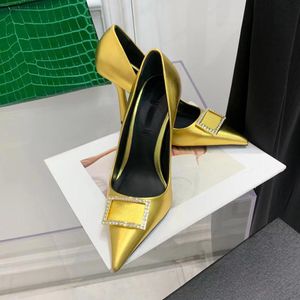 High-Heeled Shoes Pumps 1Dress Shoe Factory Footwear Metal Ornaments Decoration Pointed Toe 105Mm Gold Metal Calfskin Evening Party Wedding