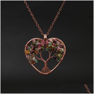 Pendant Necklaces Fashion 7 Chakra Tree Of Life Heart Pendant Necklace Natural Crushed Crystal Stones Gems Link Handmade Reiki Heali Dhtqf
