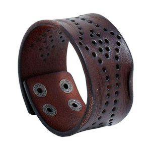 Bangle Wide Hollow Leather Bangle Cuff Button Justerbar armband Wristand för män Kvinnor Fashion Jewelry Drop Delivery Armband Dhwty